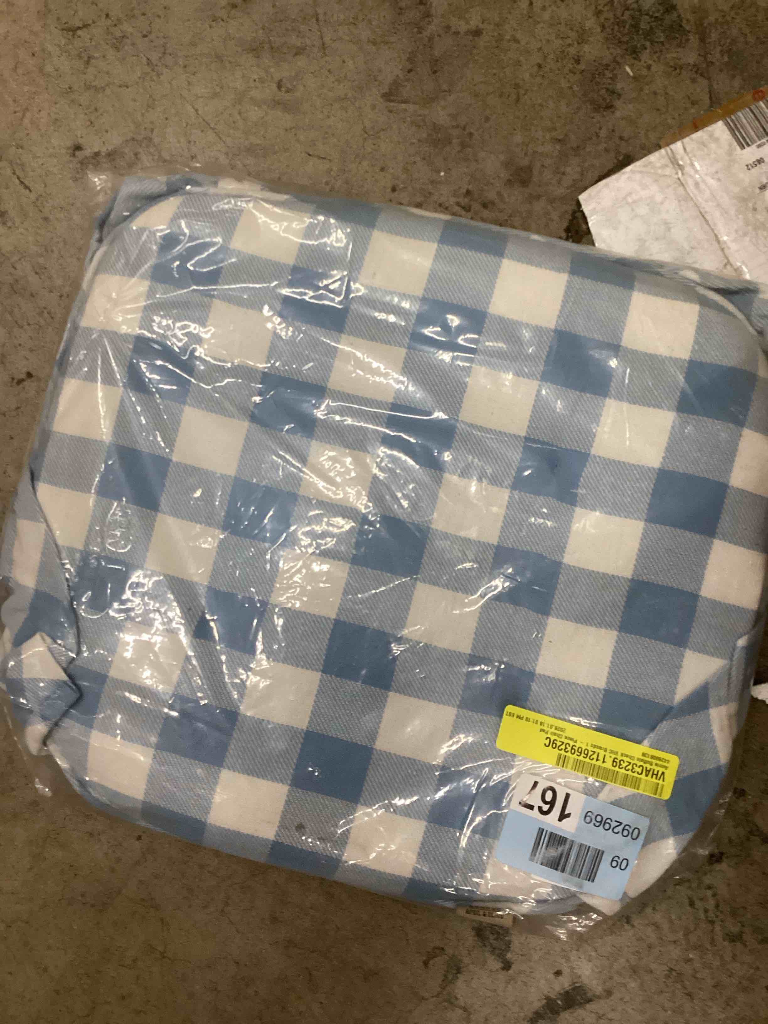 Condition photo showing New/Like New for VHC Brands Farmhouse Country Annie Buffalo Check Blue Ruffled Chair Pad with Fabric Ties 16.5x18