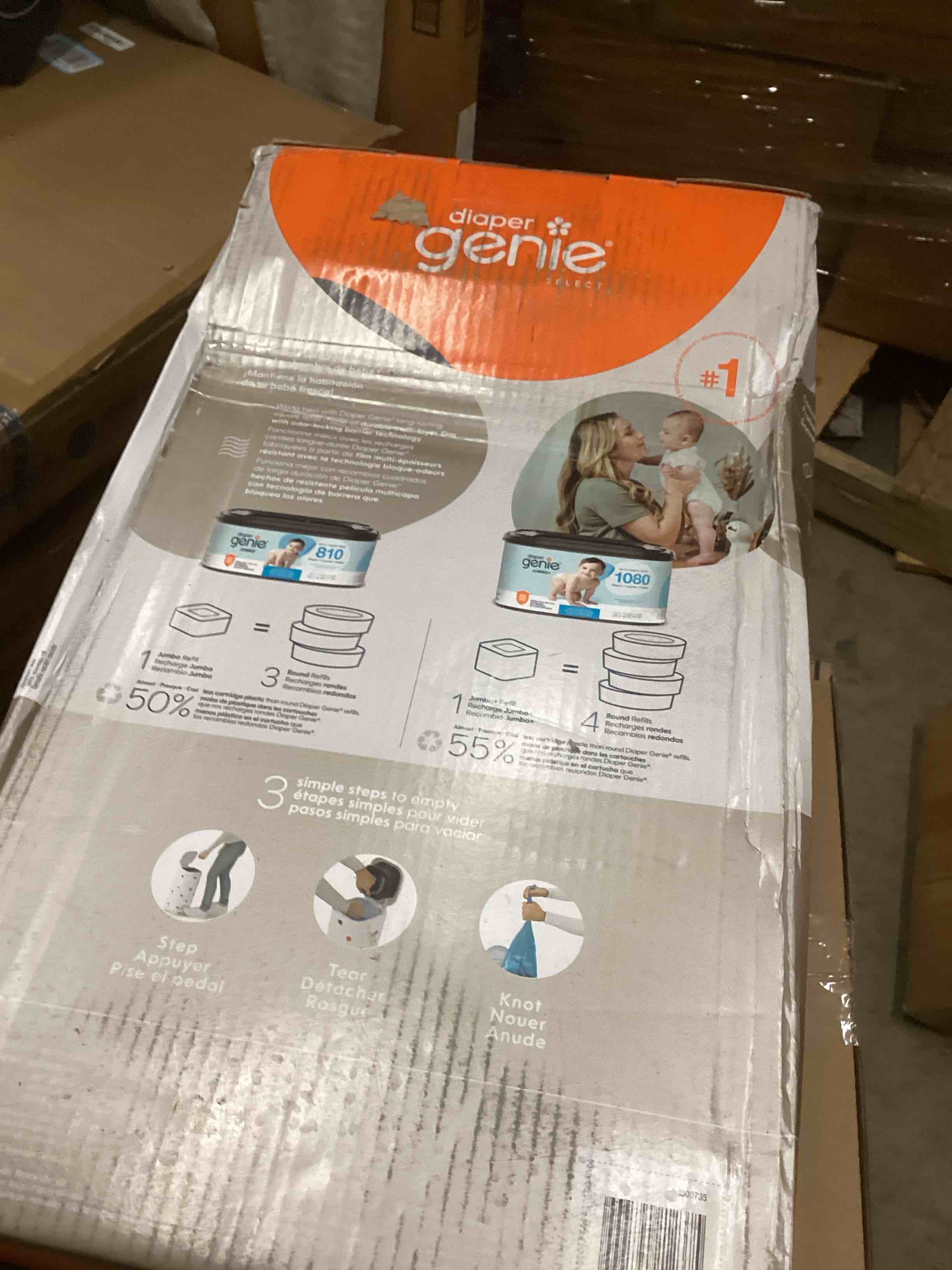 Condition photo showing As Is for Diaper Genie Select Pail (Multi-Color Polka Dot) is Made of Durable Stainless Steel and Includes 1 Starter Square Refill That can Hold up to 165 Newborn-Sized Diapers.