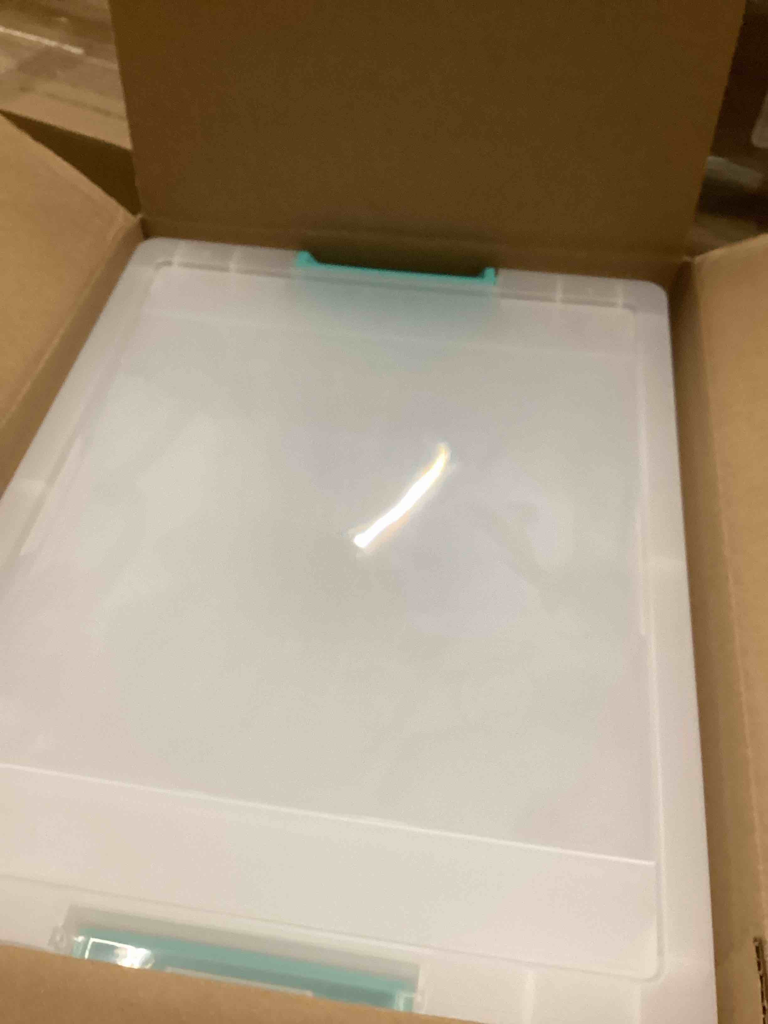 Condition photo showing New/Like New for IRIS USA 12 Qt. Plastic Storage Bins Containers with Lids, 4 Pack, Sensory Bin, Craft Storage, Craft Organizers and Storage, Organizing Container for Home, Office and Art Supplies, Stackable, Clear