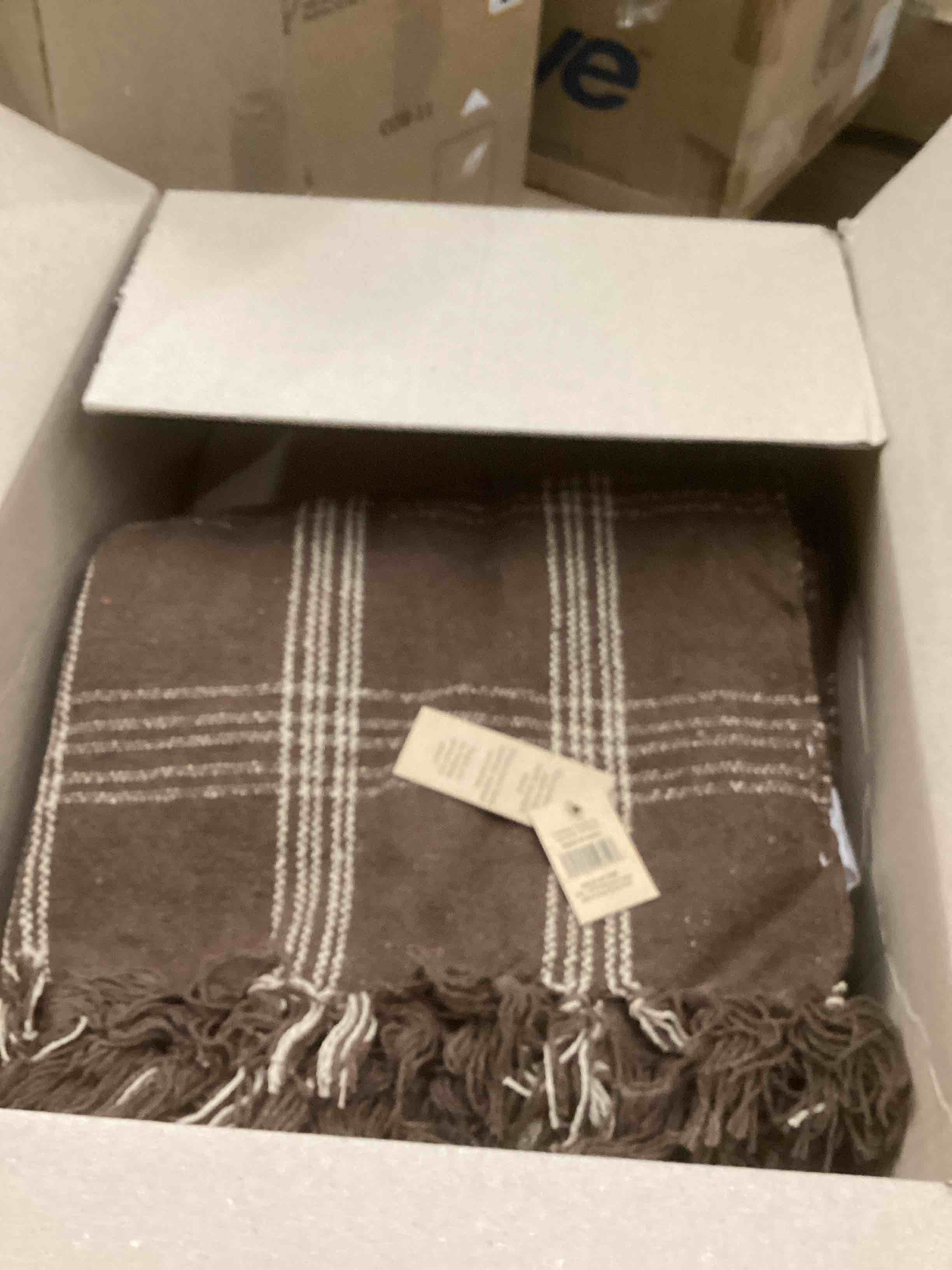 Condition photo showing New/Like New for Creative Co-Op Recycled Cotton Blend Throw Blanket with Fringe, Brown Plaid Brown One Size