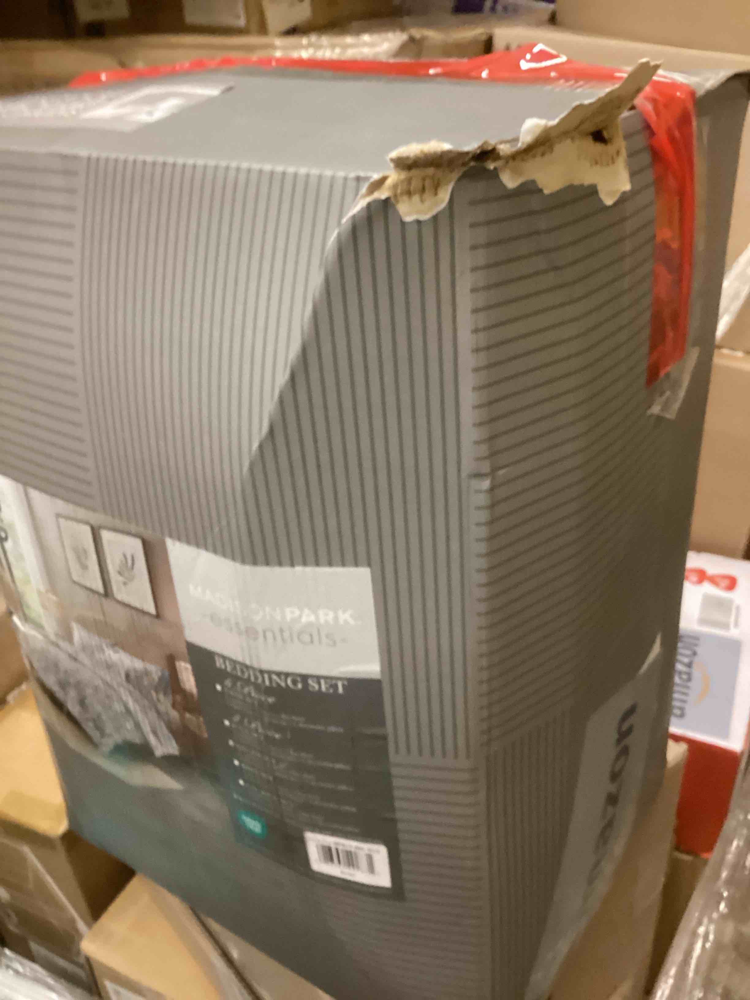 Condition photo showing As Is for Madison Park Essentials Cozy Bed in a Bag Reversible Comforter with Complete Sheet Set - Modern Botanical Print All Season Cover, Shams, Decorative Pillow, Queen(90"x90"), Blue 8 Piece Sofia, Blue Queen(90 in x 90 in)