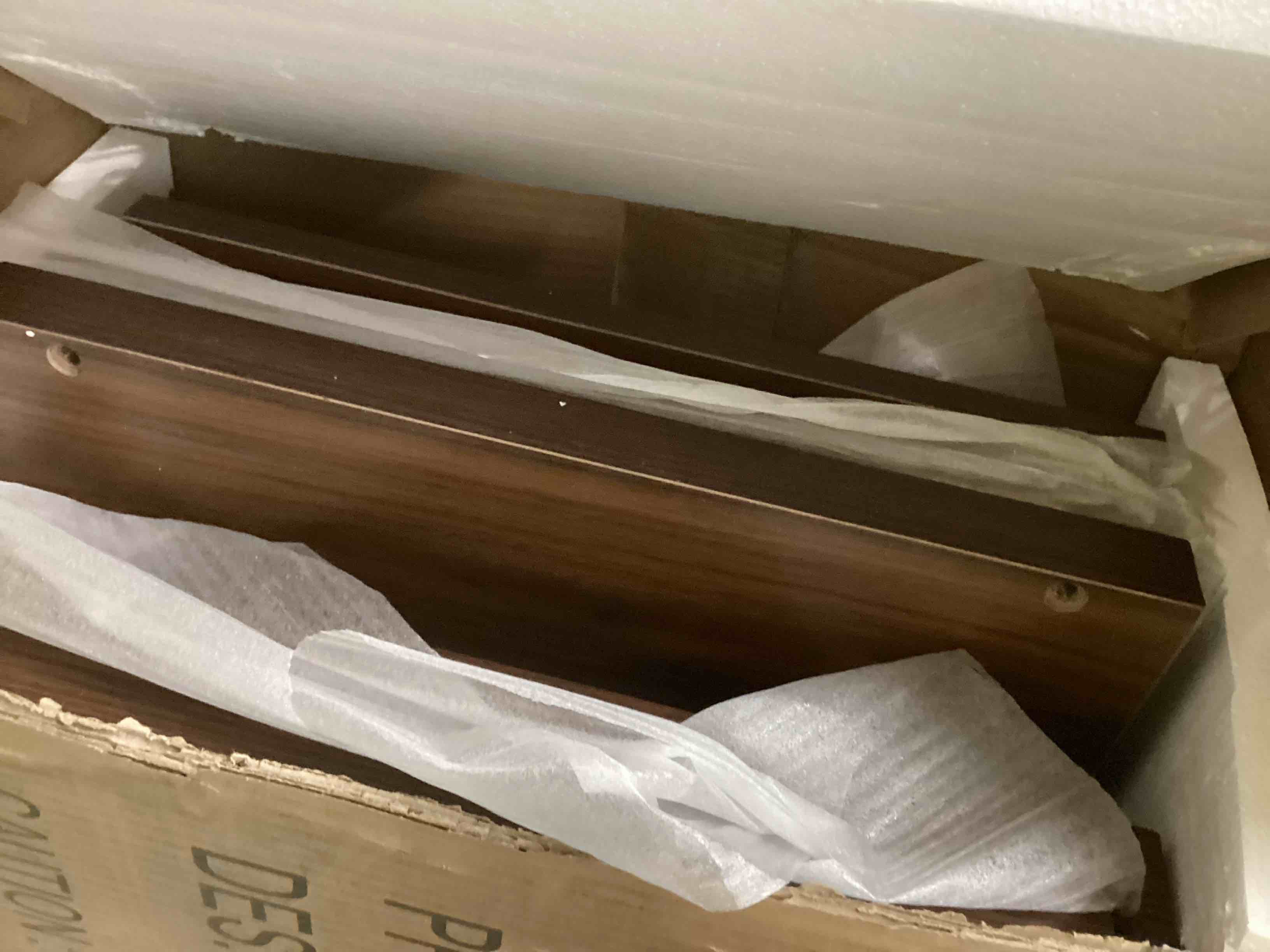 Condition photo showing As Is for Salamander Designs Synergy System Triple 236 Audio/video cabinet with tempered glass doors, for TVs up to 75" (Dark Walnut with Black Posts