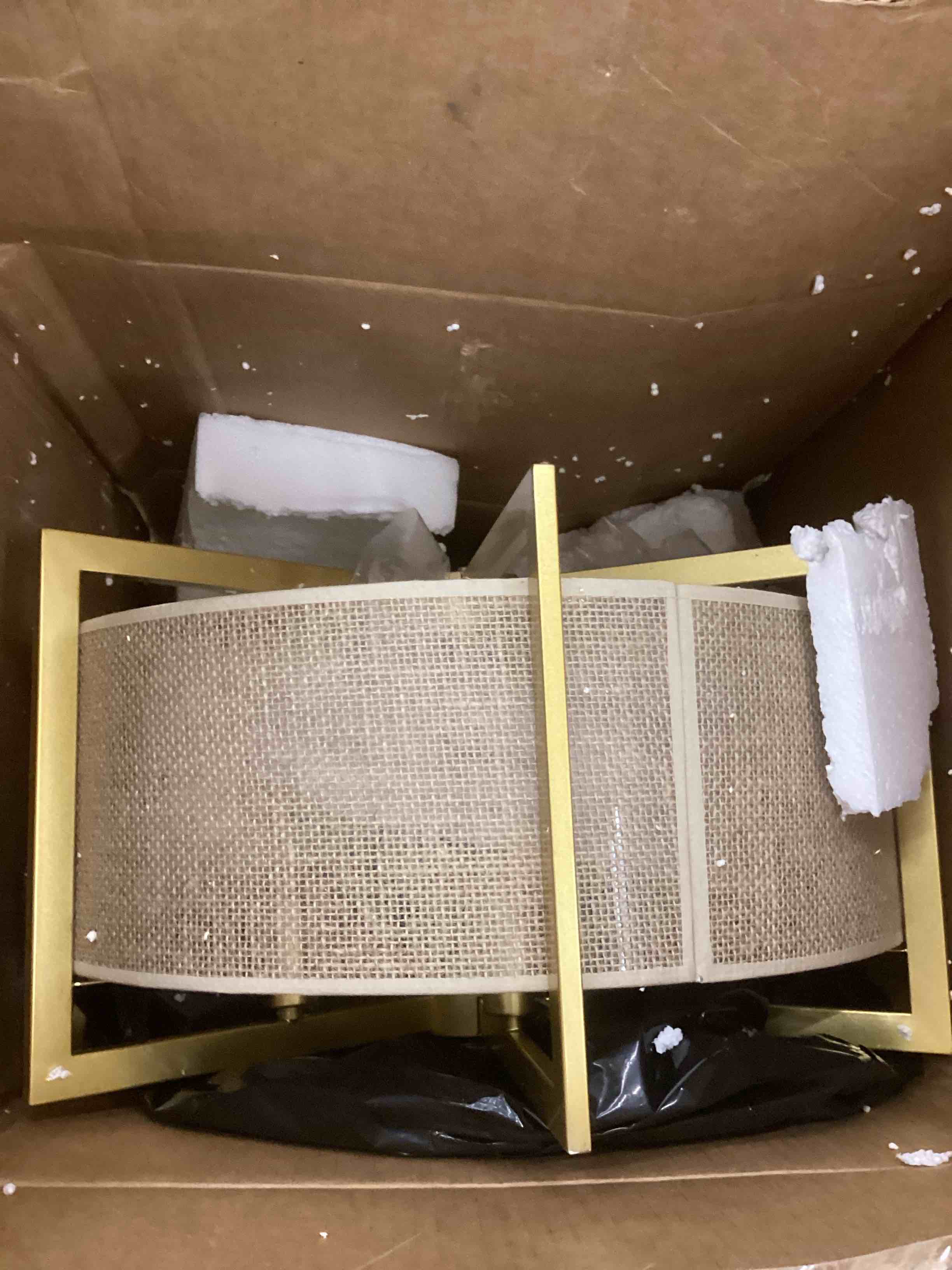 Condition photo showing As Is for ALISADABOY Sprayed Gold Chandelier for Dining Room 21.25’’ Modern Farmhouse Geometric Drum Chandelier Industrial 6 Light Pendant Light Fixtures for Kitchen Island Entryway Foyer Hallway