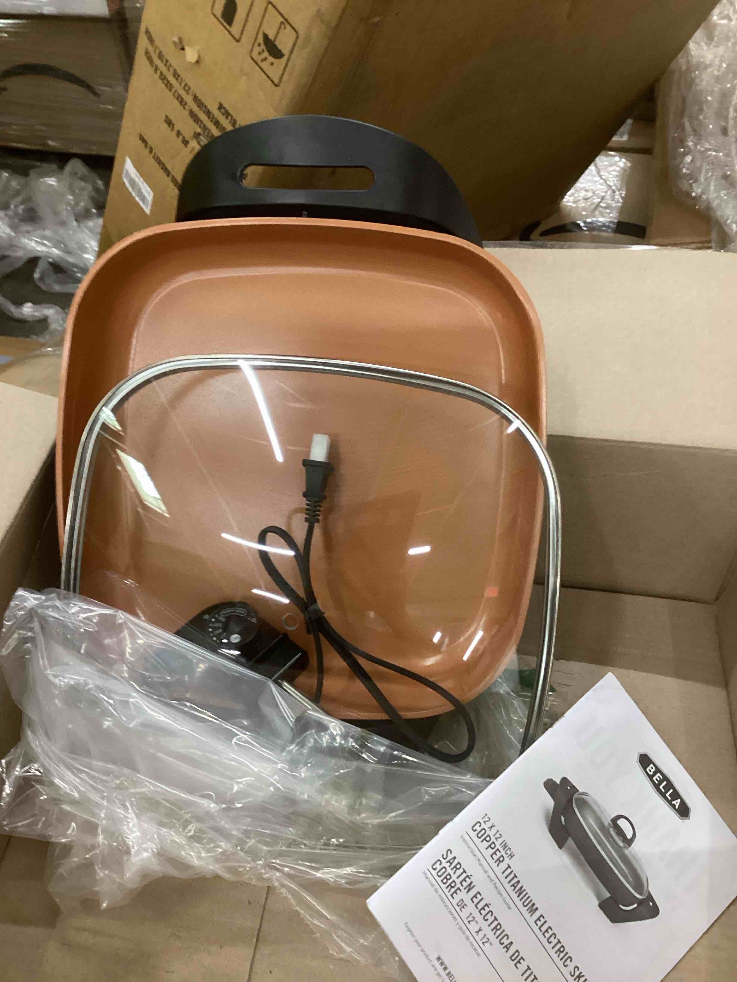Condition photo showing As Is for BELLA Electric Skillet and Frying Pan with Glass Lid, Nonstick Coating, Cool Touch Handles, Removable Heating Probe, Dishwasher Safe, 12 x 12 inch, Copper