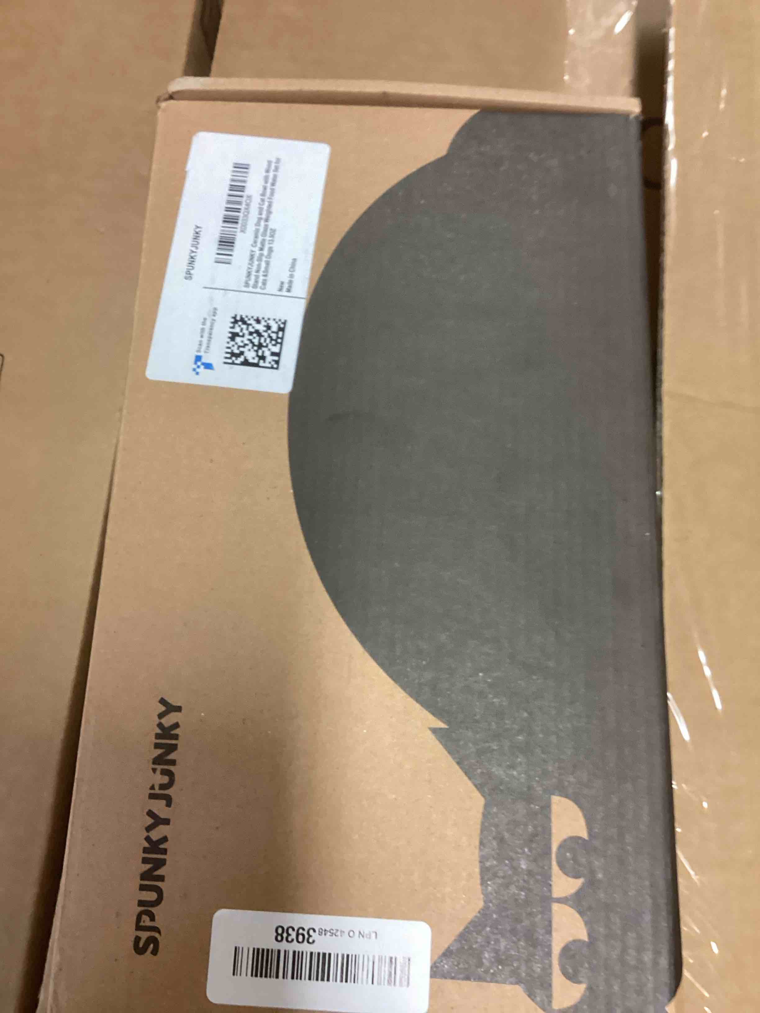 Condition photo showing New/Like New for SPUNKYJUNKY Ceramic Dog and Cat Bowl with Wood Stand Non-Slip Matte Glaze Weighted Food Water Set for Cats &Small Dogs 13.5OZ 1.7 CUPS Grey × 2