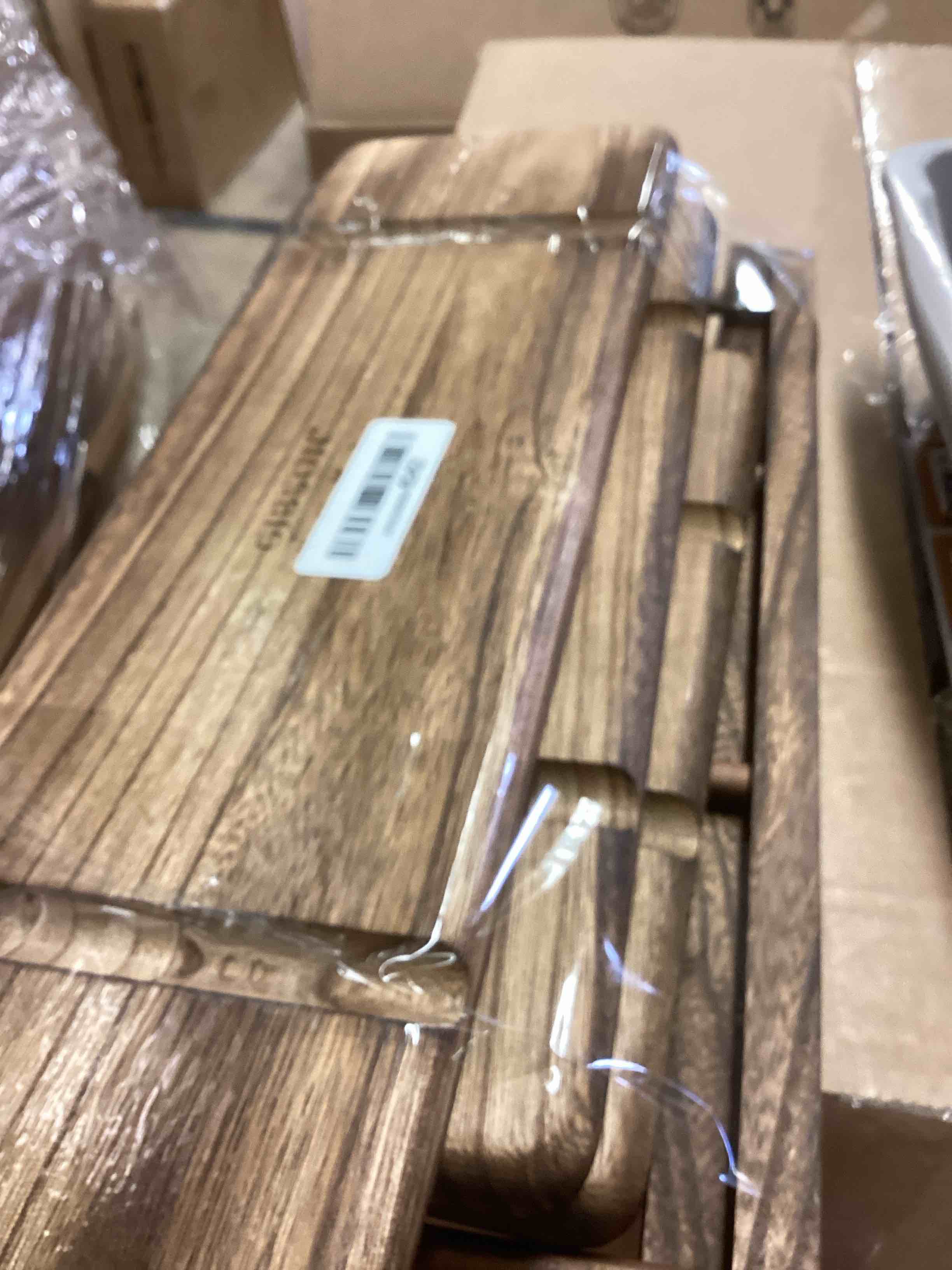 Condition photo showing Good Condition for Gibson Home Truss Peak 3 Tier Serving Tray for Party, 18" Acacia Wood Cupcake/Charcuterie/Dessert Farmhouse Tiered Platters with Collapsible Wood Rack