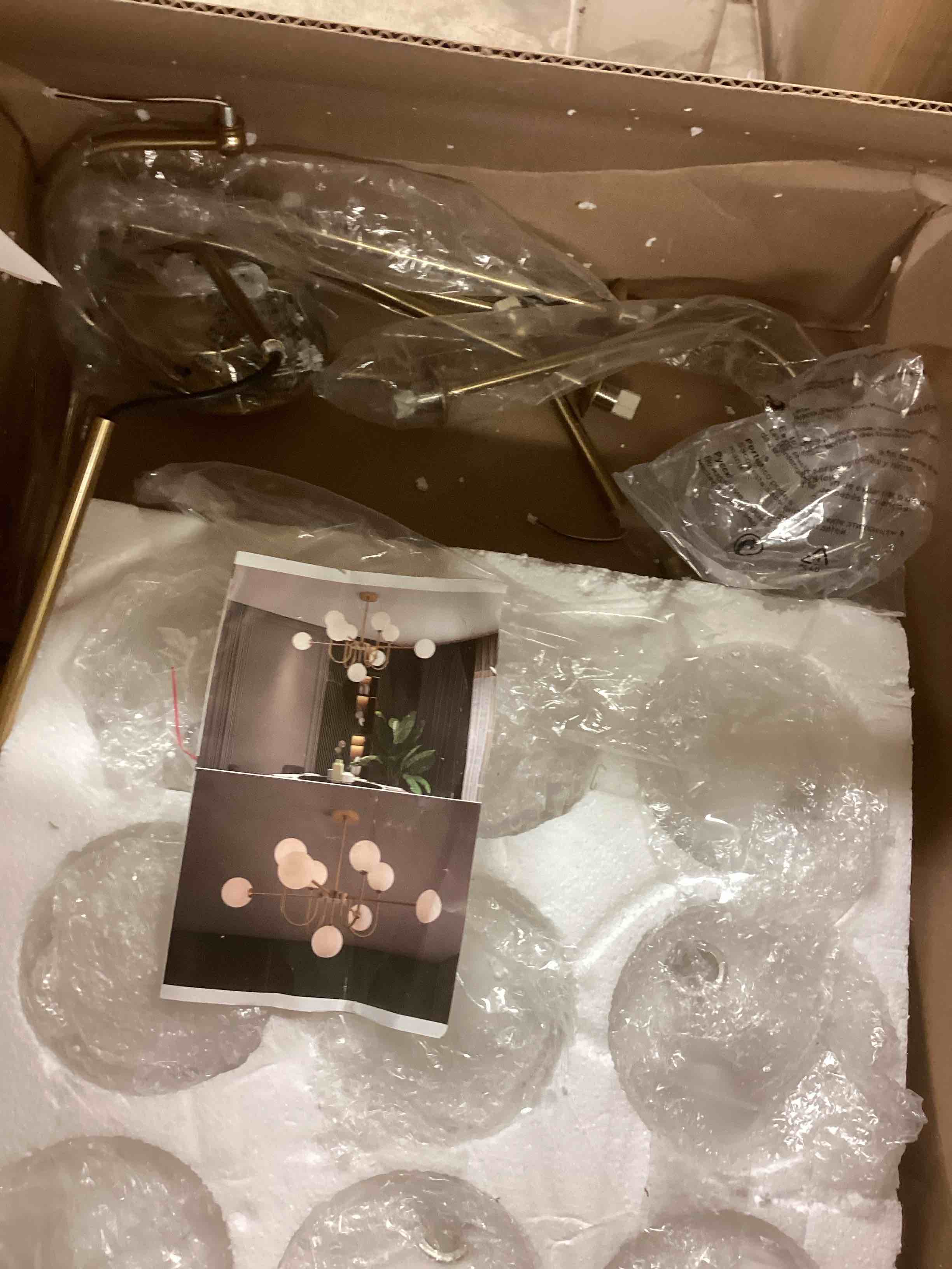 Condition photo showing As Is for Modern Gold Chandelier Light Fixture,9-Light Sputnik Chandeliers Mid Century Glass Pendant Light Bubble Chandeliers for Dining Room,Kitchen Island,Living Room,Globe Pendant Lighting