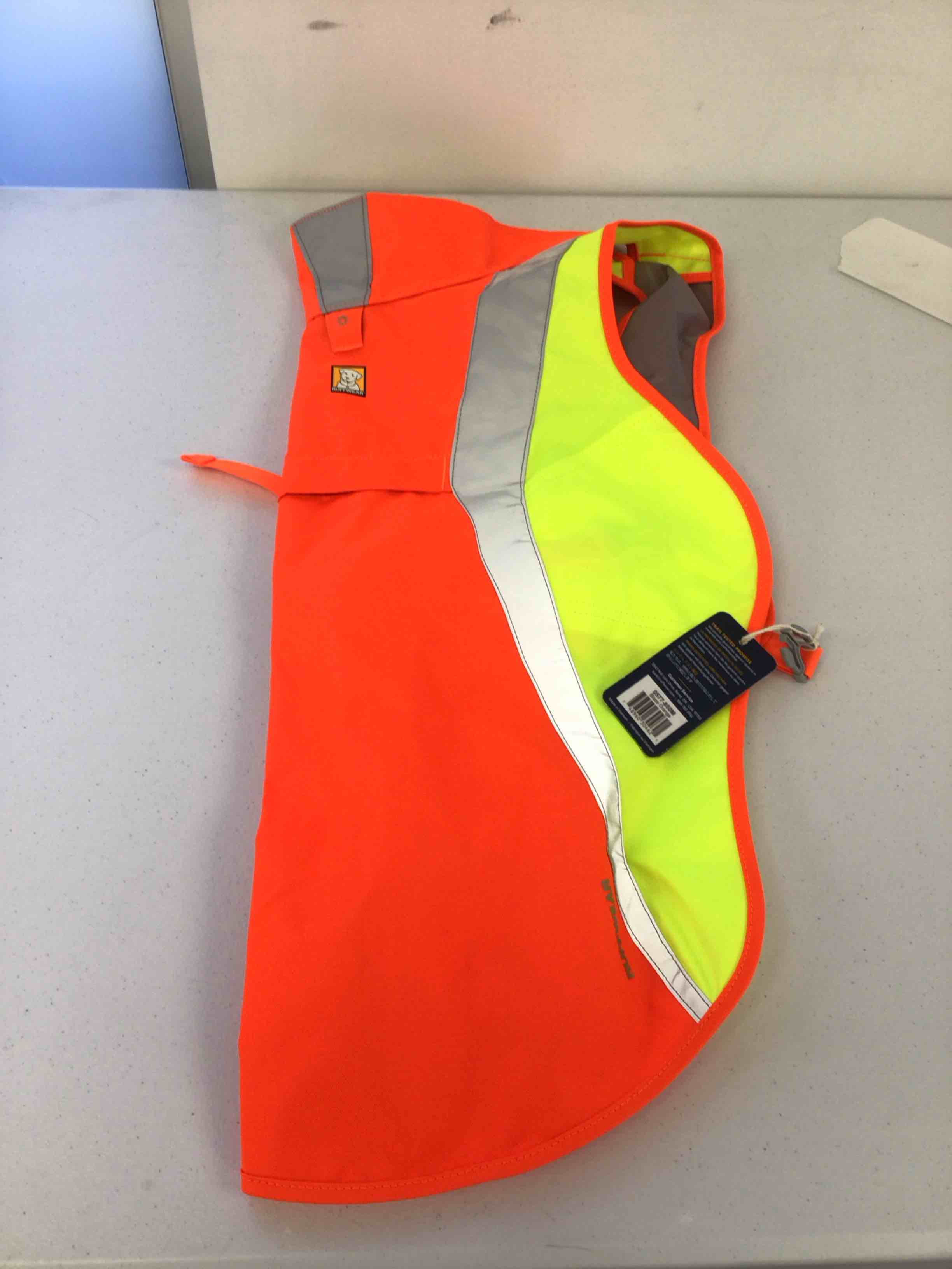 size medium RUFFWEAR, Lumenglow High-Vis Dog Jacket, High-Visibility Protection for Day and Night, Blaze Orange, Medium