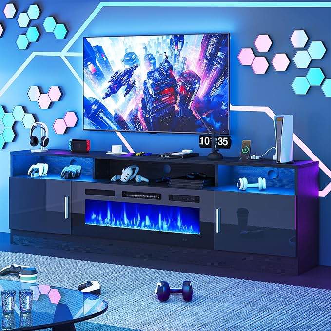 (incomplete, box 1 of 2) TS301BK011-XD-1 oneinmil 70" Fireplace TV Stand with Power Outlet for TVs Up to 80", Electric Fireplace Entertainment Center with LED Lights & Storage Cabinets, Media Console Table for Living Room, Black