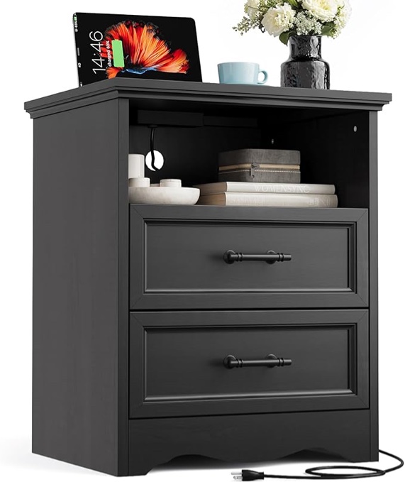 YANSNWO Black Nightstand with Charging Station, Farmhouse End Table with 2 Drawers, Bedside Table with Space-Saving Storage Cabinet, Unique Base Design for Bedroom & Living Room