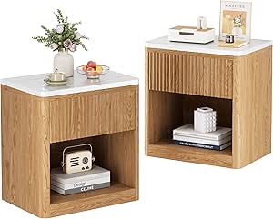 Yuson night stand set of 2, wood fluted nightstand, 22” large bedside table end table with faux marble wood top , modern night stand with drawers storage for bedroom living room, natural oak 