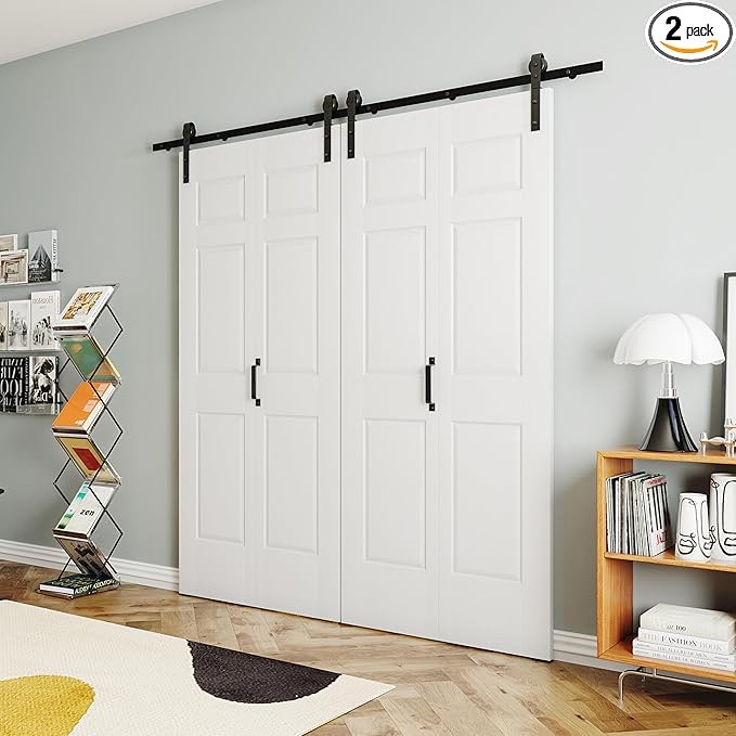 SOLRIG Bi-Fold Sliding Barn Door 72"?36" x2? x 84", 6-Panel with Sliding Hardware Kit Set, Pre-drilled Closet Door Slab, 2X 3.3FT Track for 4 Doors, MDF, White