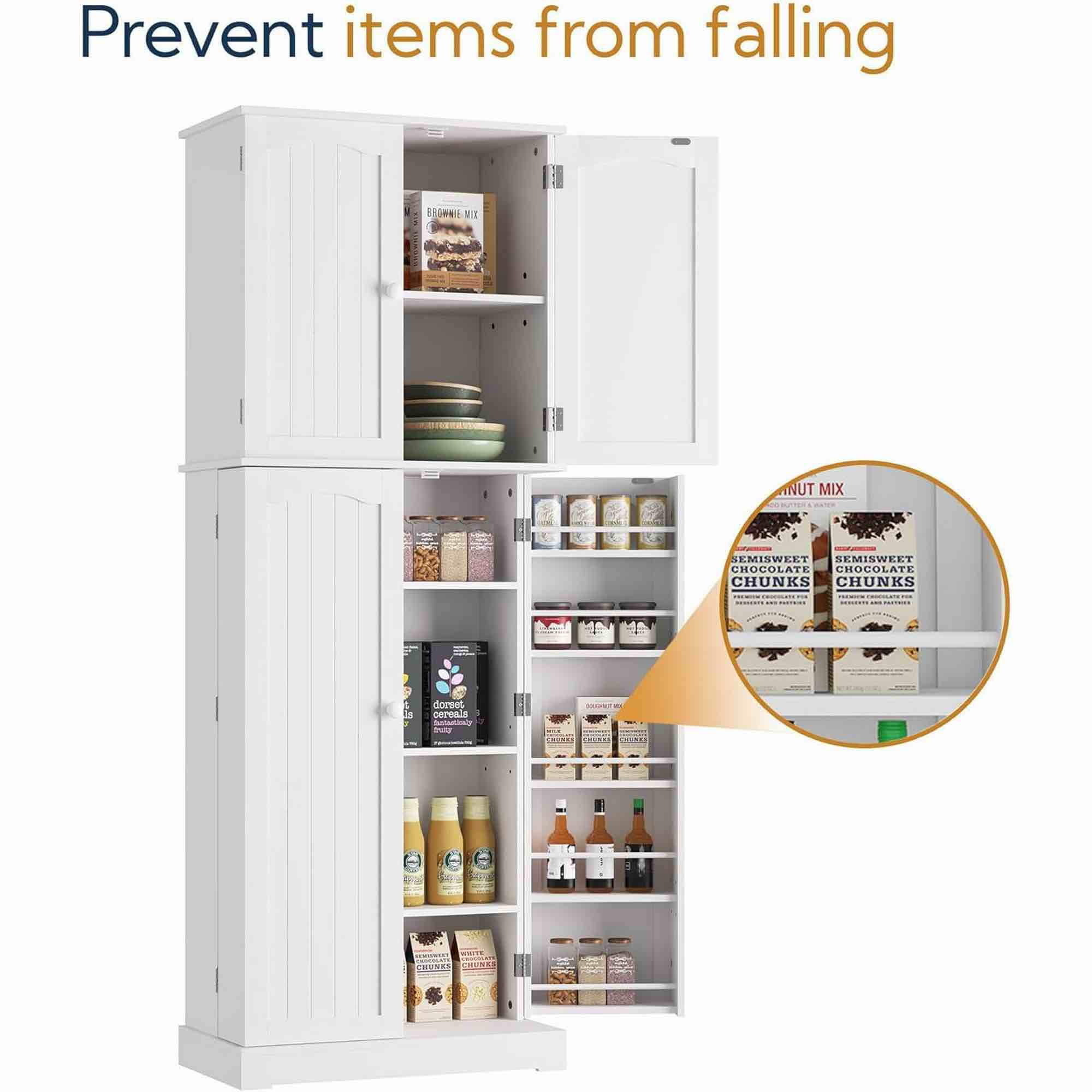 HOMEFORT Tall Kitchen Pantry Storage Cabinet with Doors and Shelves, Wooden Food Pantry Farmhouse Cupboard Freestanding Buffet for Kitchen Dining Living Room, White