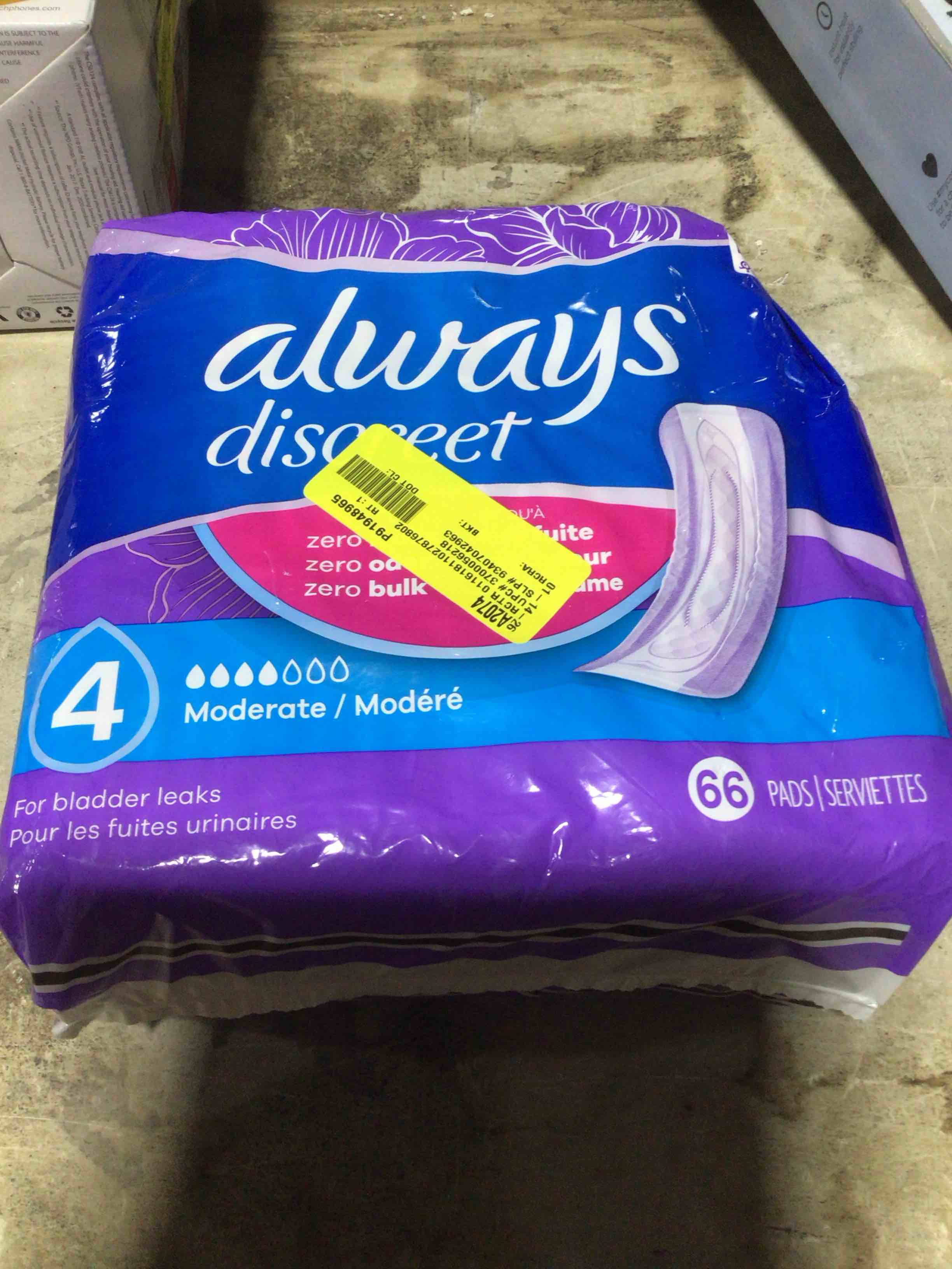 Condition photo showing New/Like New for (incomplete) Always Discreet Adult Incontinence Pads for Women, Extra Heavy Absorbency, Regular Length, Postpartum Pads, 66 Count
