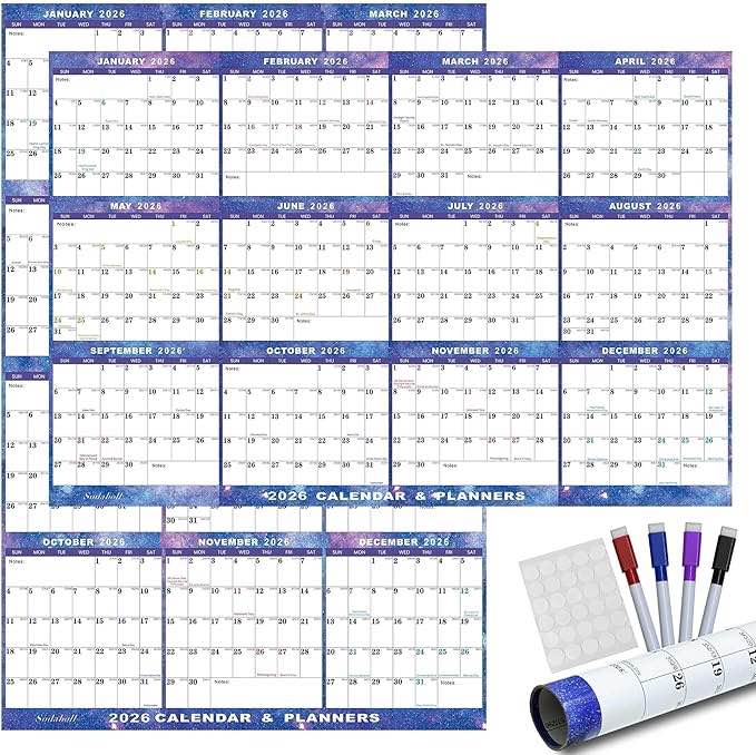 32" x 48" 2026 Wall Calendar Dry Erase - Large Starry Sky Calendar Wet & Dry Erasable Laminated 12 Month Annual Yearly Planner, Reversible, Horizontal/Vertical (2026 Wall Calendar), pack of 2