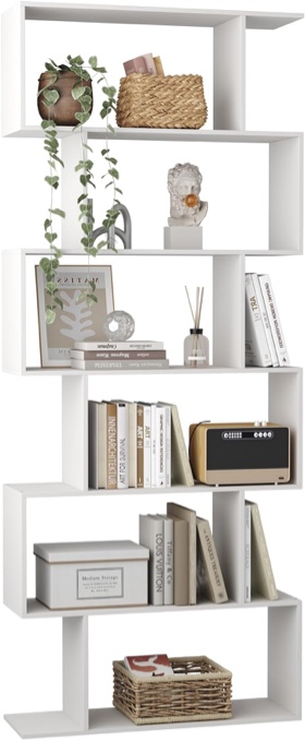 yusong bookshelf, geometric bookcase s shaped book shelves unit for living room, 6 tier tall decorative display shelf for bedroom, study room, white