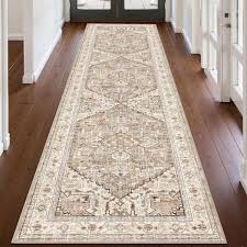 yamaziot washable runner rug, non-slip boho vintage hallway rug runner with rubber backing, stain resistant faux wool distressed carpet runner for kitchen, laundry, entrance, beige brown, 11 x 90in