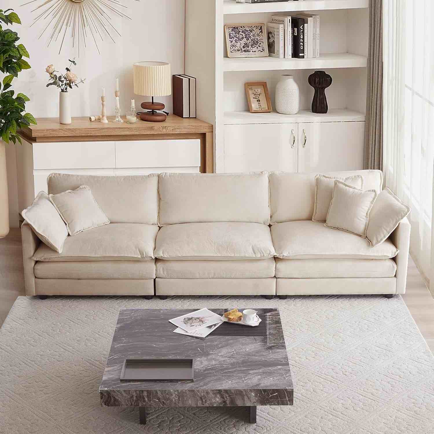 (incomplete, just 1 pc) 111.5" modular sectional sofa,comfy 3 seater chenille cloud couch with 5 pillows,l shaped sectional couches for living room,apartment,office,beige