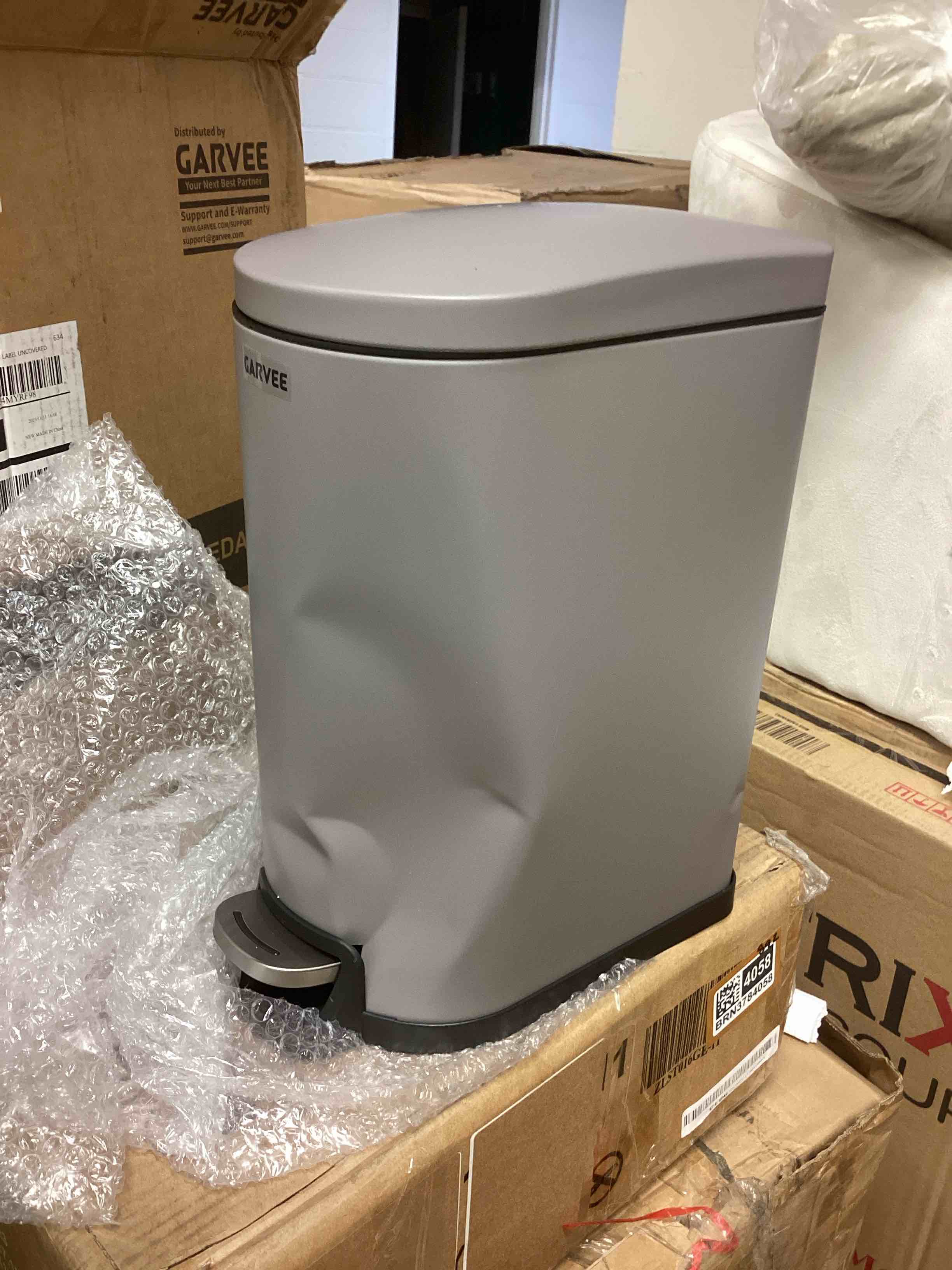 Condition photo showing As Is for garvee 2.6 gal metal bathroom trash can with lid, slim waterproof garbage can for bedroom, grey, compact & durable