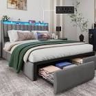 upholstered platform bed frame with led headboard, storage drawers & charging ports, no box spring needed, gray (incomplete one box only)