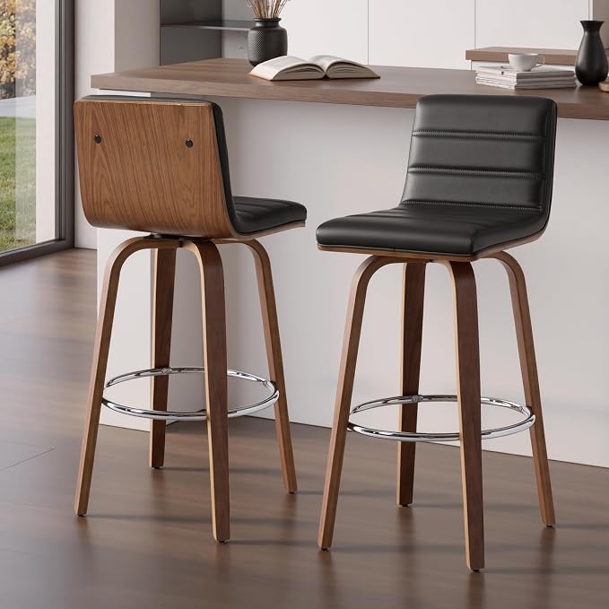 set of 2 bar stools, seat height 30 inch 360° swivel, with backrest, in black leatherette, capacity 200 kg, s