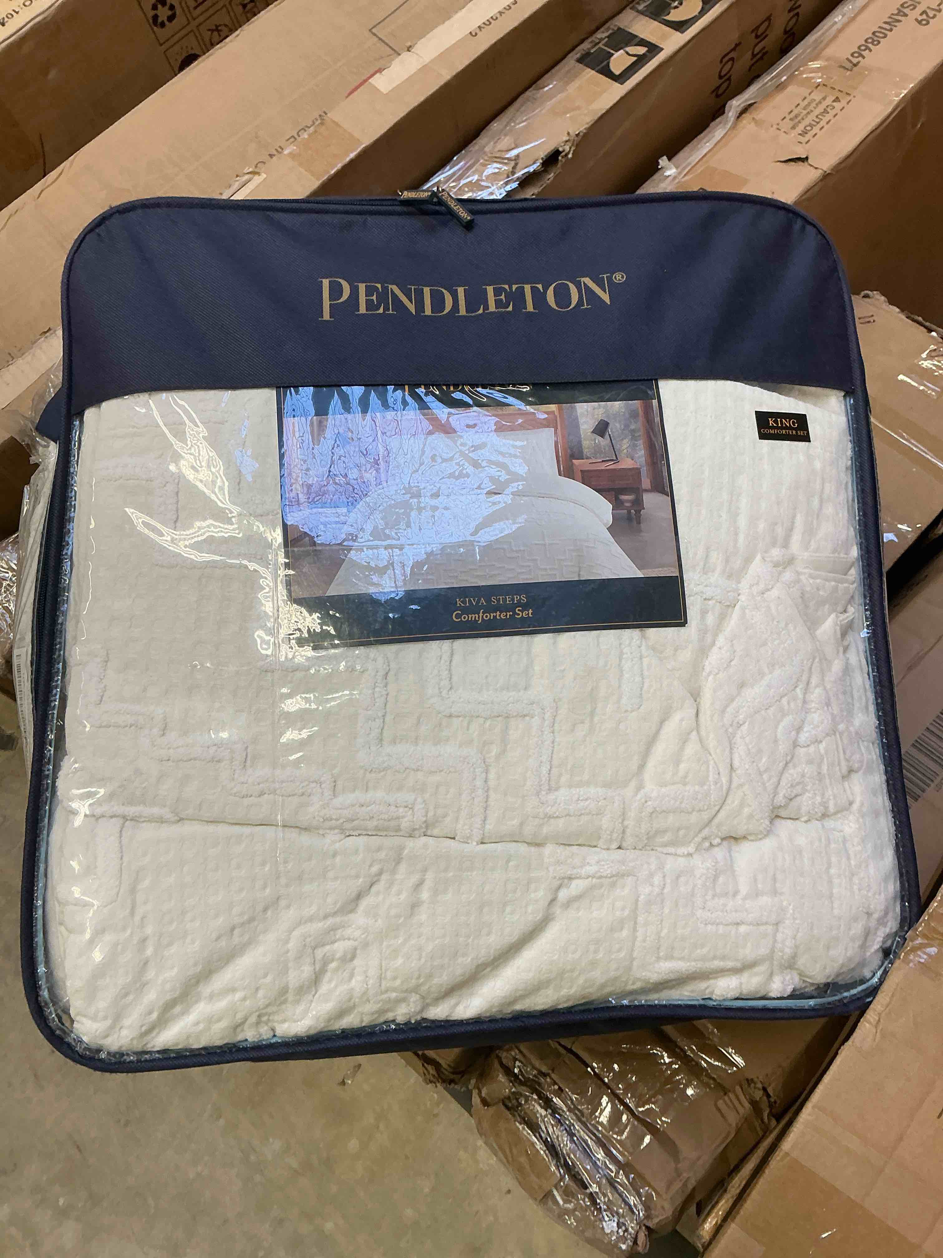 Condition photo showing Good Condition for pendleton kiva steps king size comforter set white cotton bed set, soft waffle texture bedspread with pillow shams, machine washable bedding set, ivory, king