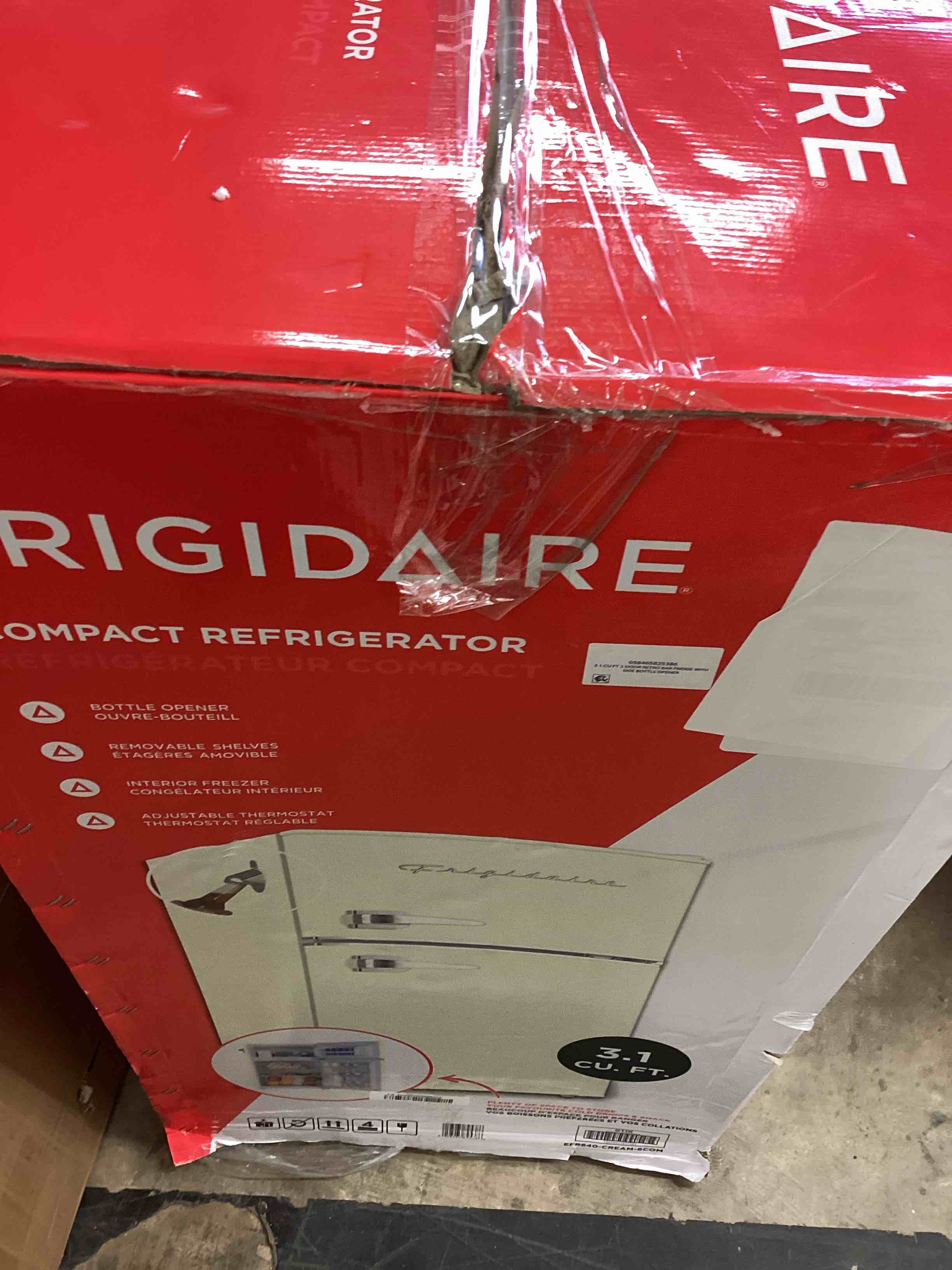 Condition photo showing New/Like New for frigidaire efr840-cream efr840 retro mini fridge with freezer & side bottle opener-small 2 door refrigerator for office bar or college dorm room-3.1 cu ft (cream)
