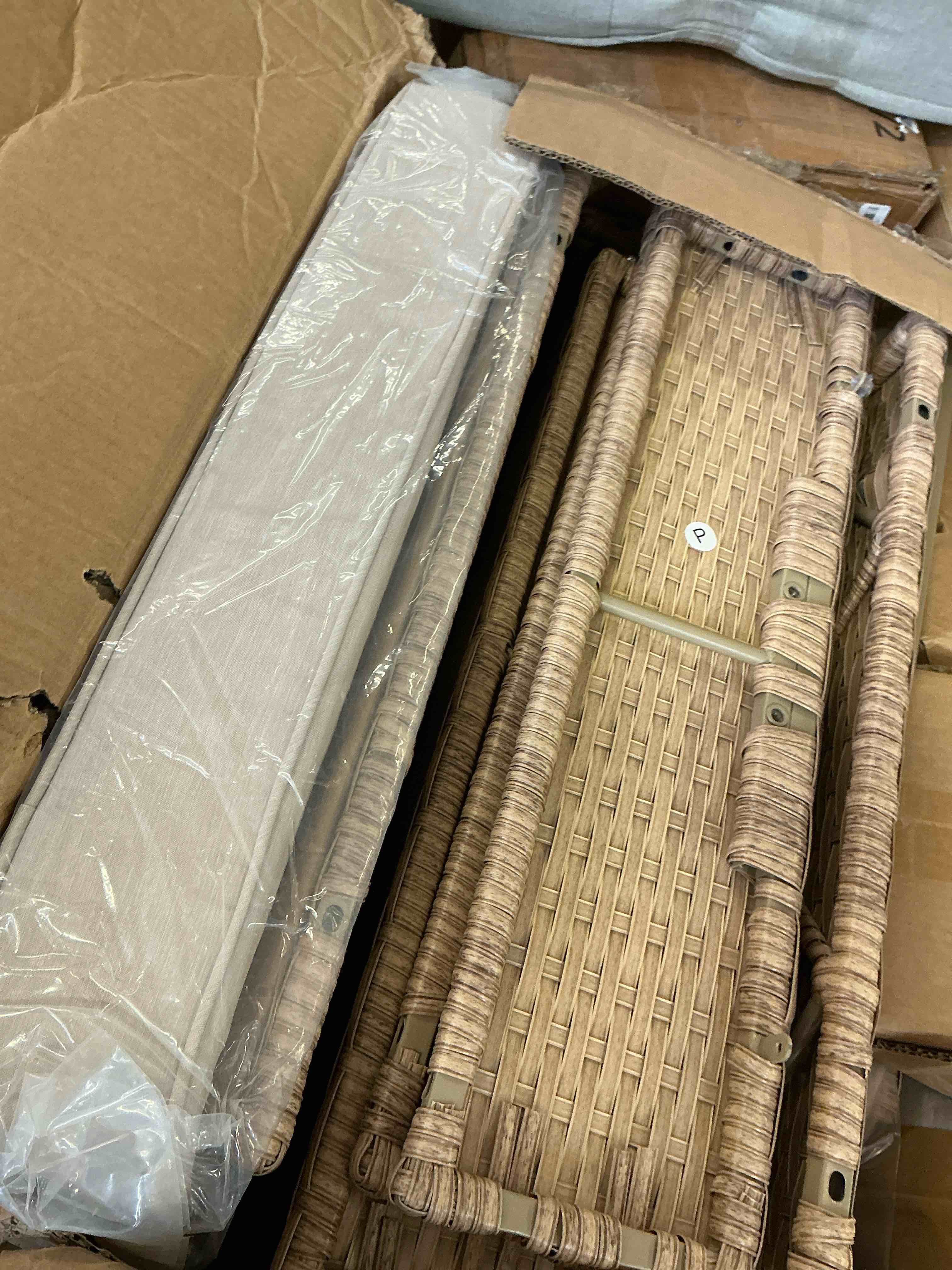Condition photo showing Good Condition for brown 3-piece outdoor wicker patio conversation set with beige cushions and ottoman