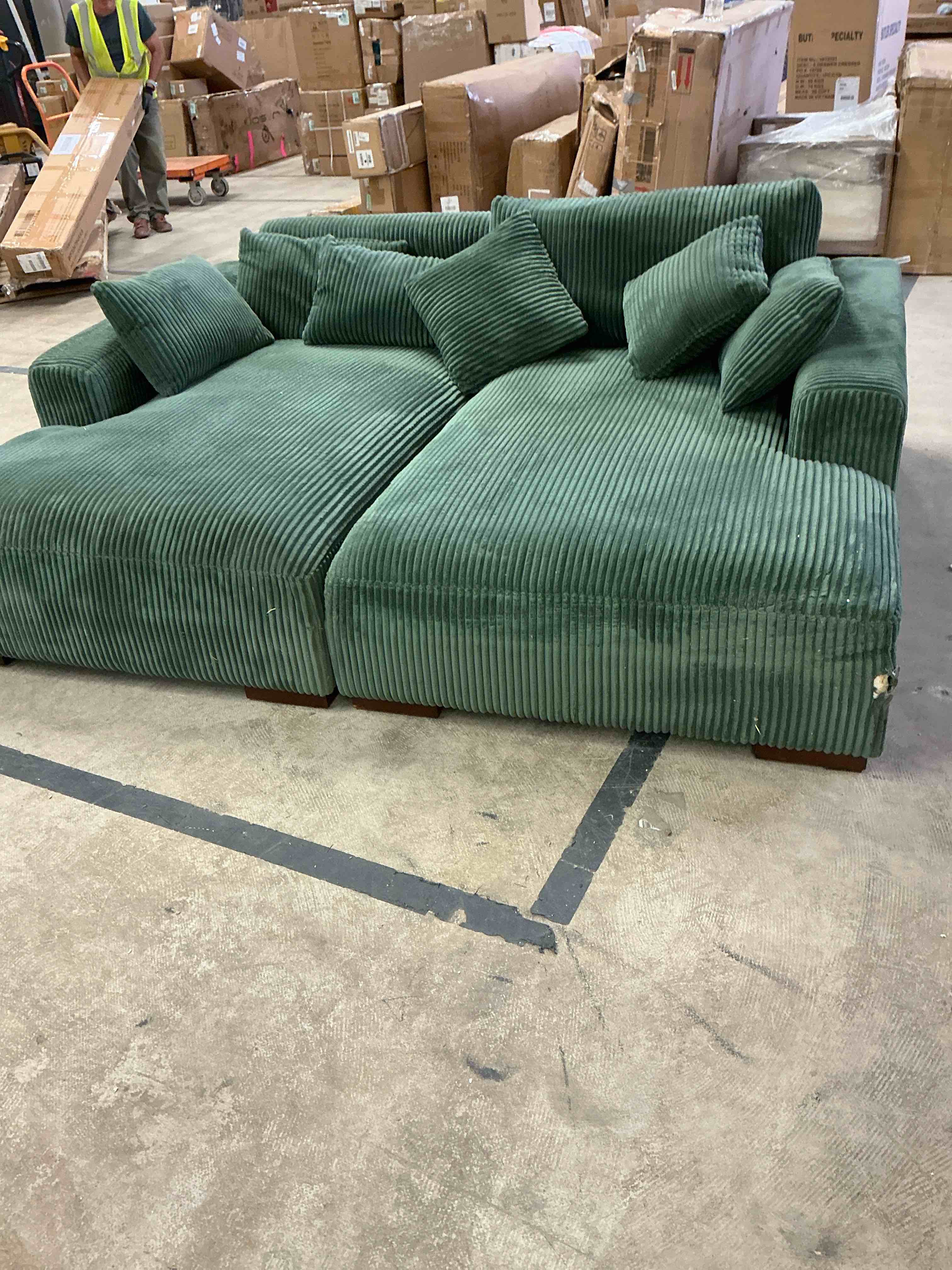 Condition photo showing Good Condition for (missing 1 cushion back) modern modular flannel fabric corduroy sectional sofa with square arm - green/2 chaise (it has some dirt stains)