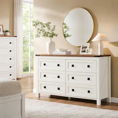  Farmhouse 6 Drawer Dresser, Wood TV Stand, Chest of Drawers