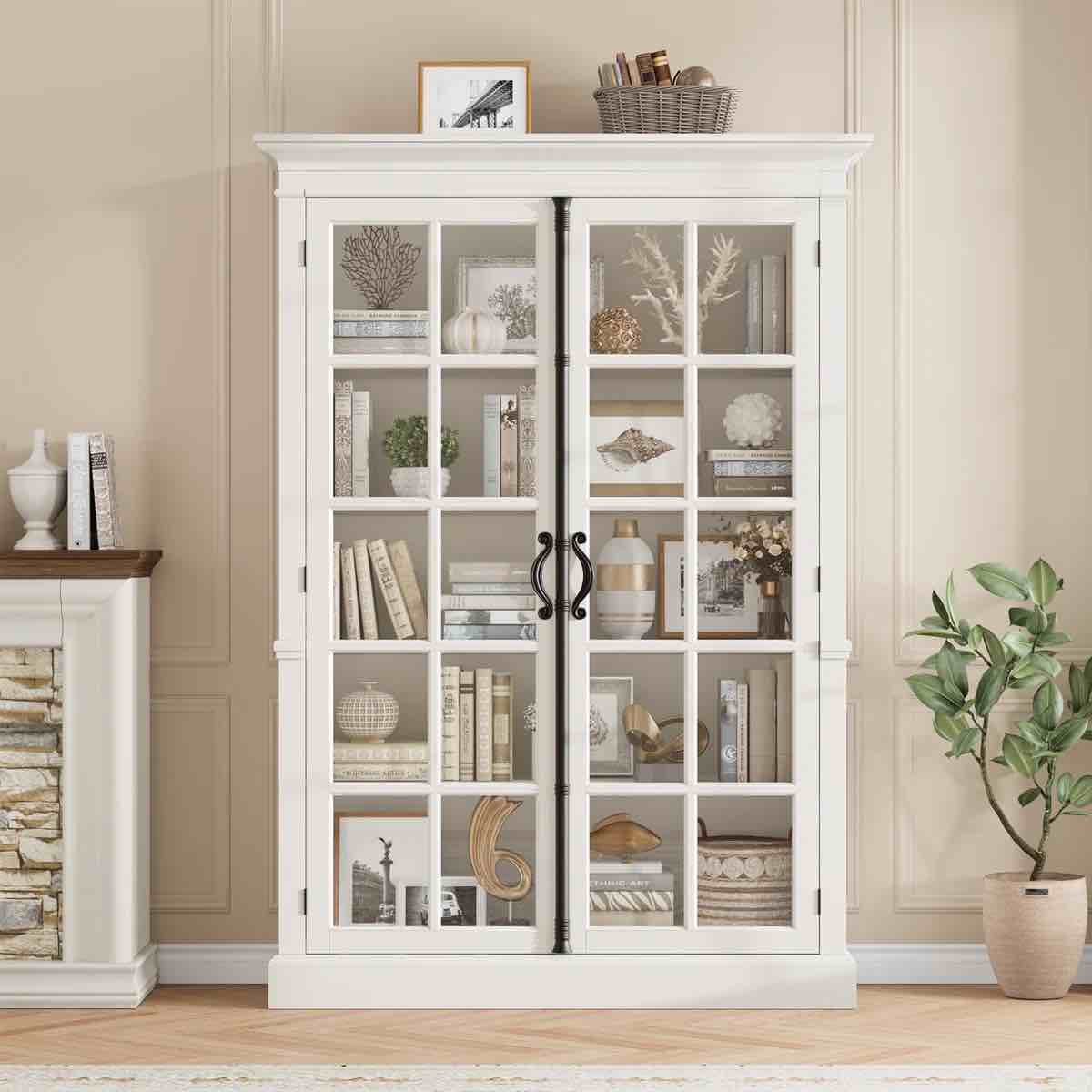 (incomplete - box #2 only) Modern 65" Tall Display Cabinet, Curio Storage Cabinet with Tempered Glass Door, 5-Tier Bookcase with Adjustable Shelves, Storage Cabinet for Office, Kitchen, Living Room