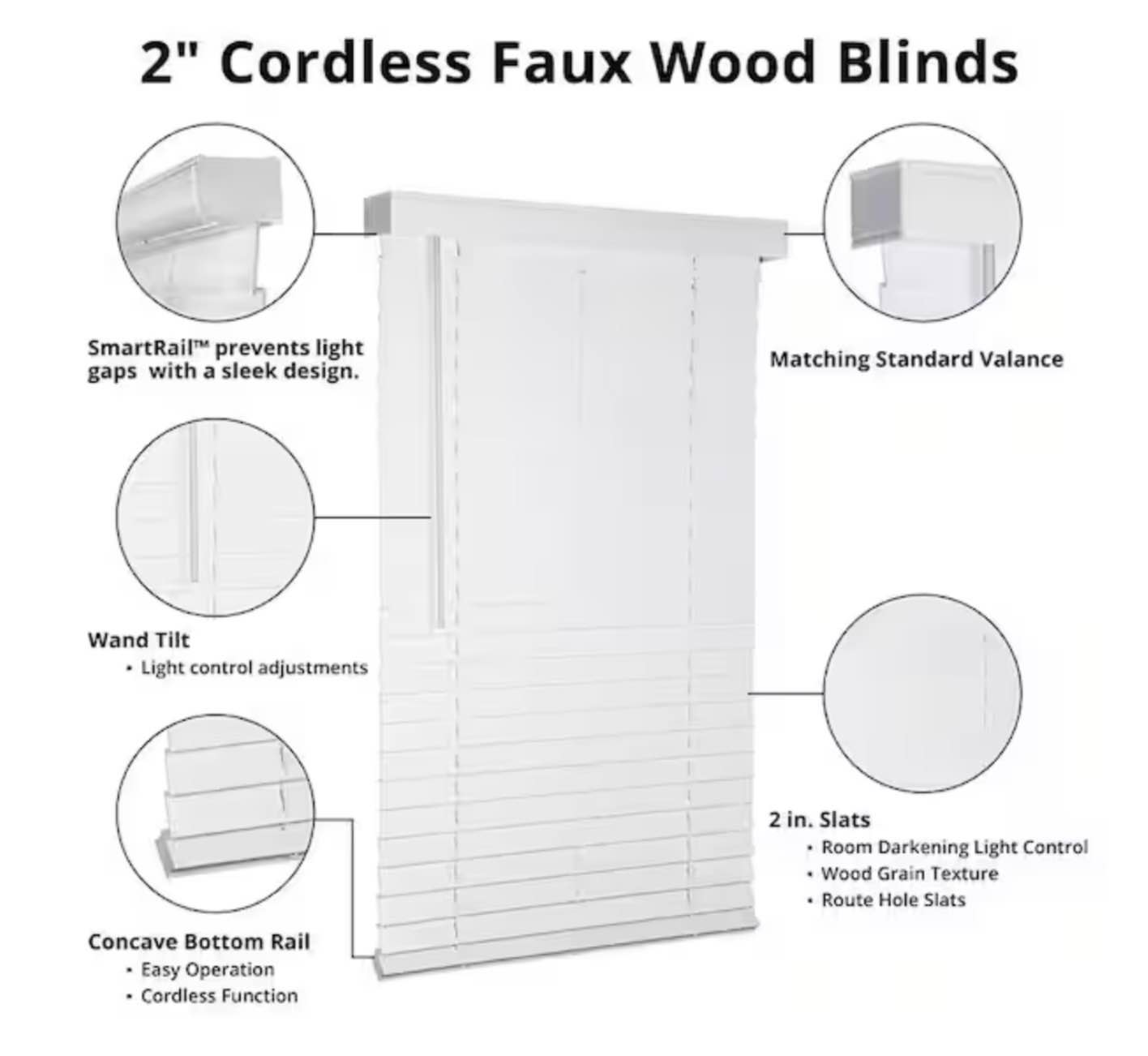 White Cordless Faux Wood Blinds for Windows with 2 in. Slats - 35 in. W x 64 in. L (Actual Size 34.5 in. W x 64 in. L)