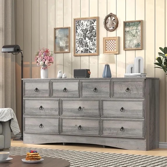 (incomplete - box #1 only) Winkalon Farmhouse 10 Drawer Dresser, 63" Long Dressers for Bedroom, Chest of Drawers Closet Organizers and Storage Clothes for Living Room, Hallway, Gray