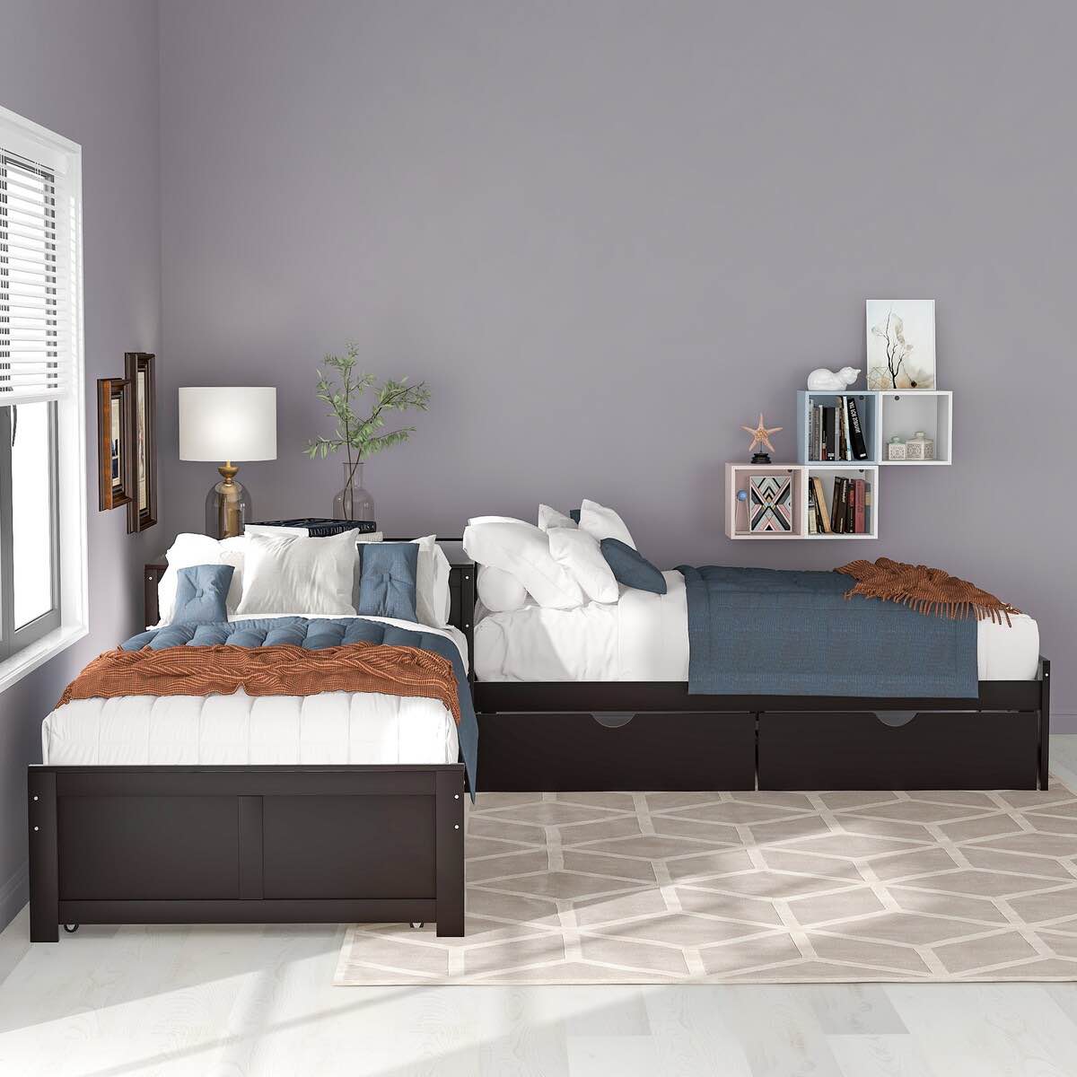 (incomplete - box #2 only) L-shaped Twin Size Platform Bed with Trundle and Drawers Linked with Built-in Desk, 