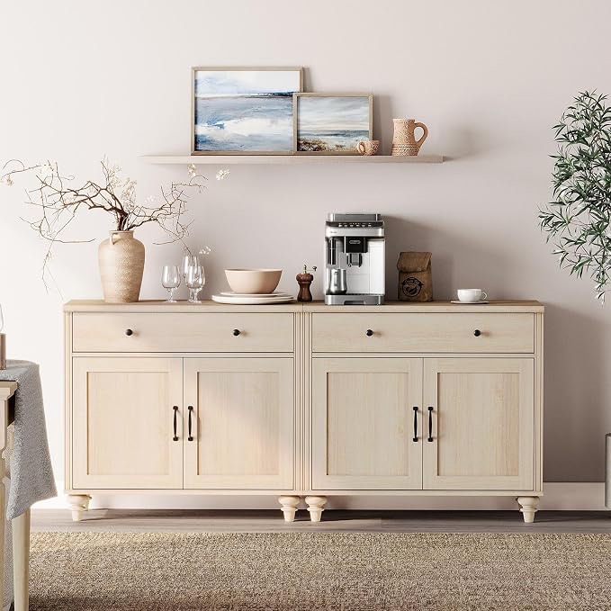 WAMPAT Farmhouse Buffet Cabinet with 4 Doors and 2 Drawers, Beige, 68 inch | Large Coffee Bar Table Wood Kitchen Storage Cabinets with Storage Cabinets, Modern Sideboard Credenza for Dining Room