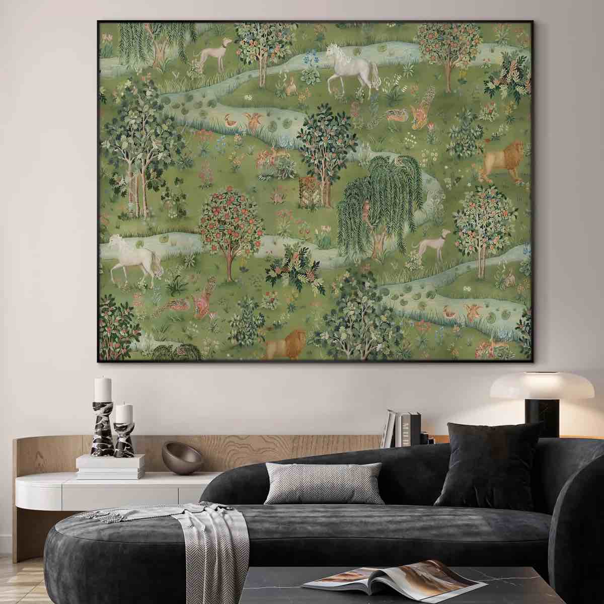 extra large wall art fabric print - medieval fantasy forest with woodland animals, storybook-inspired scene artwork decor for living room or bedroom - "frame assembly required (unfinished frame)"