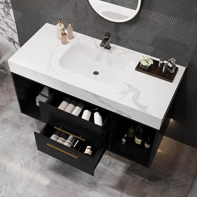 (SINK ONLY*) Glintee 40" Modern Floating Bathroom Vanity, Black | Sintered stone top with seamless ceramic basin, Solid Wood Cabinet, 2 Drawers & 2 Open Shelves for small pace