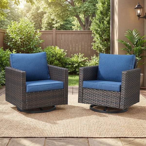 Pocassy Outdoor Swivel Chairs PE Wicker Patio Glider Chairs Set of 2 High Back Porch Chairs with 4 inch Seat Cushions