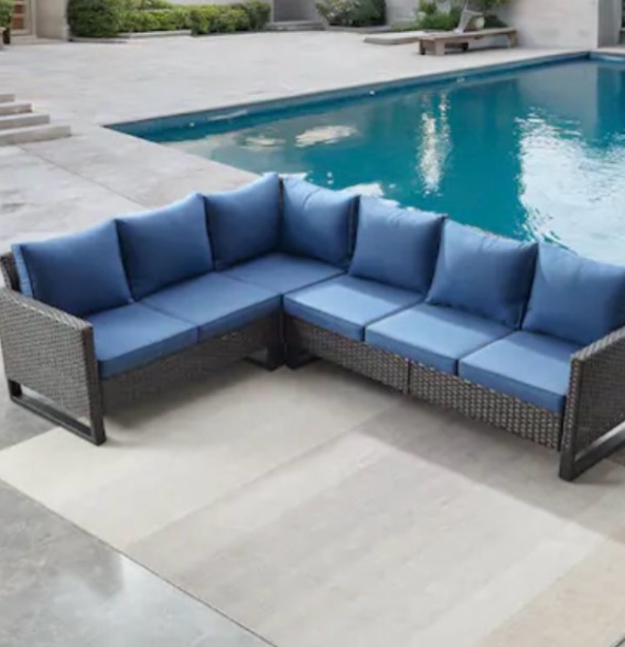 l-shaped Wicker Outdoor Sectional Set with navy Cushions (incomplete corner only)