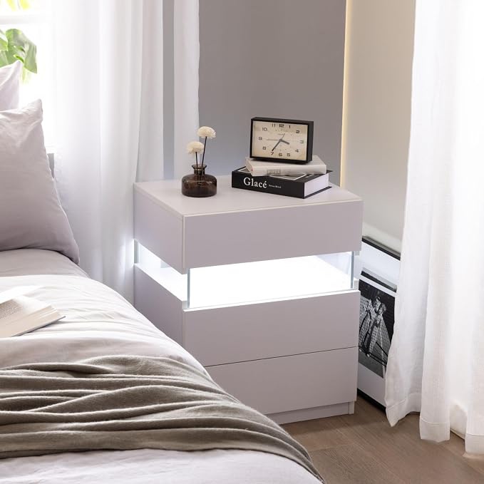 LED Night Stand Modern Nightstand with 3 Drawers LED Bedside Tables for Bedroom, Living Room, white 