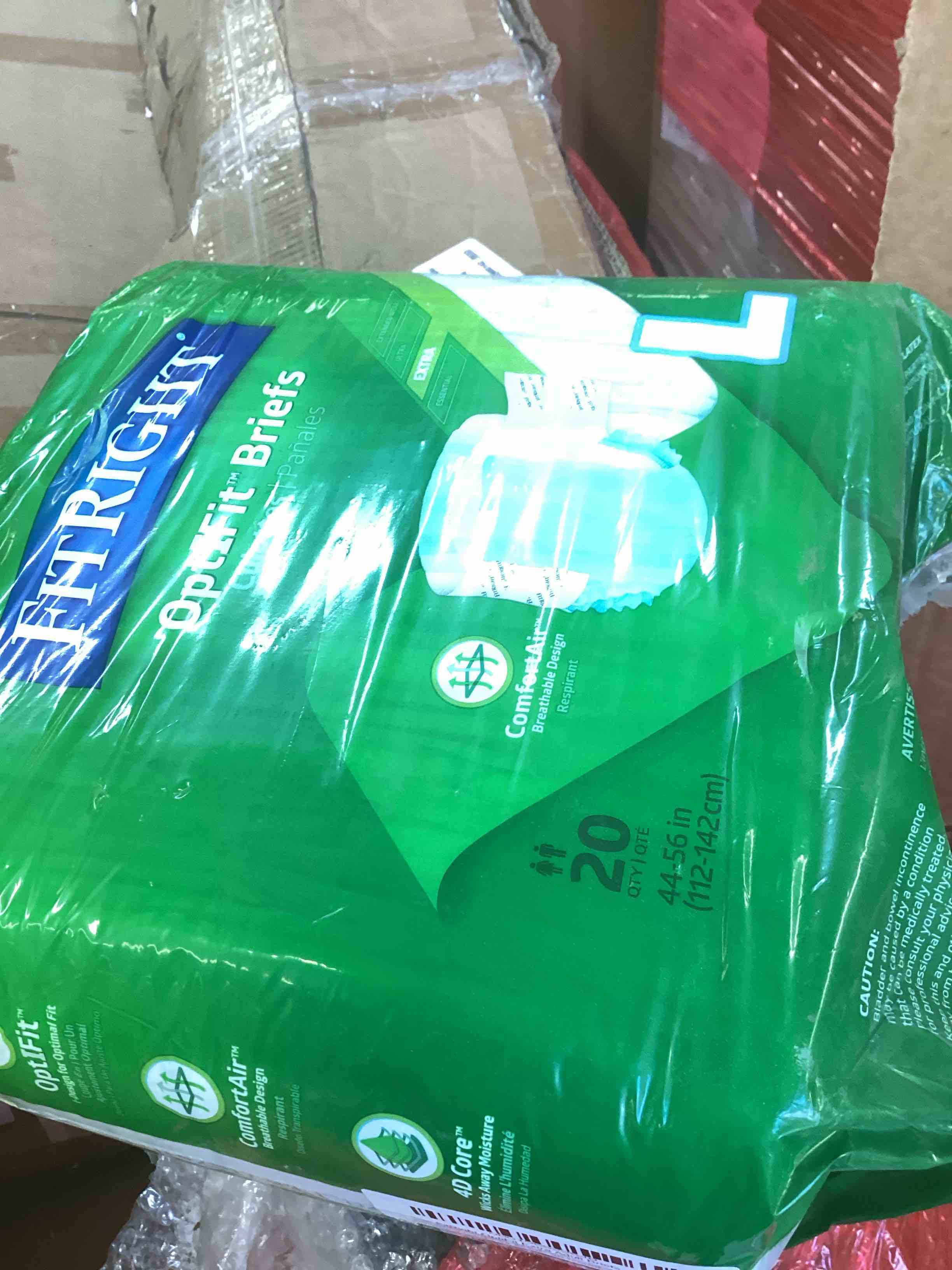 Condition photo showing New/Like New for fitright adult diapers, extra heavy absorbency, l (waist size 44in-56in), 20 count, optifit incontinence briefs for men and women, disposable, moisture wicking, leak protection.