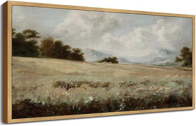 SHENIFY 20x40in Extra Large Vintage Framed Wall Art Rustic Grassland Meadow Landscape Painting Retro Wilderness Scenery Farmhouse Bedroom Above of Bed Living Room Decor - Natural Framed