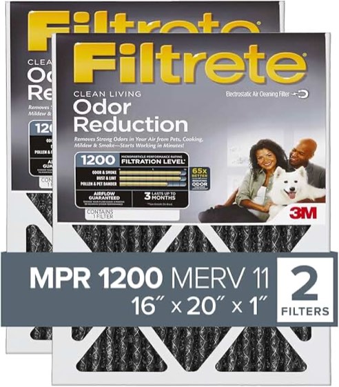 filtrete 16x20x1 air filter, mpr 1200, merv 11, allergen defense odor reduction 3-month pleated 1-inch air filters, pack of 2