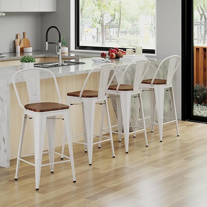 andeworld metal bar stools counter height stools dining chairs high back industrial barstools set of 4 (26inch, cream white