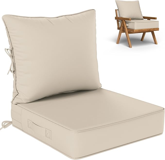 outdoor seat cushion set 24 l × 24 w × 5 h inch waterproof & fade resistant patio furniture cushions with removable cover with handle and straps for sofa chairs, chairs, cream