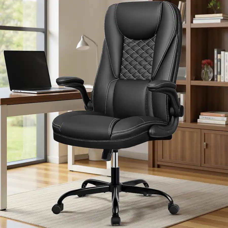  kerdom - ergonomic pu leather chair with flip-up arms, executive manager chair, high back home office desk chair computer chair - black