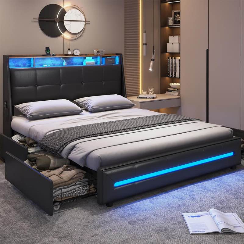 led upholstered platform bed frame with 4 storage drawers and storage headboard by 17 stories (incomplete box 1 only ) 