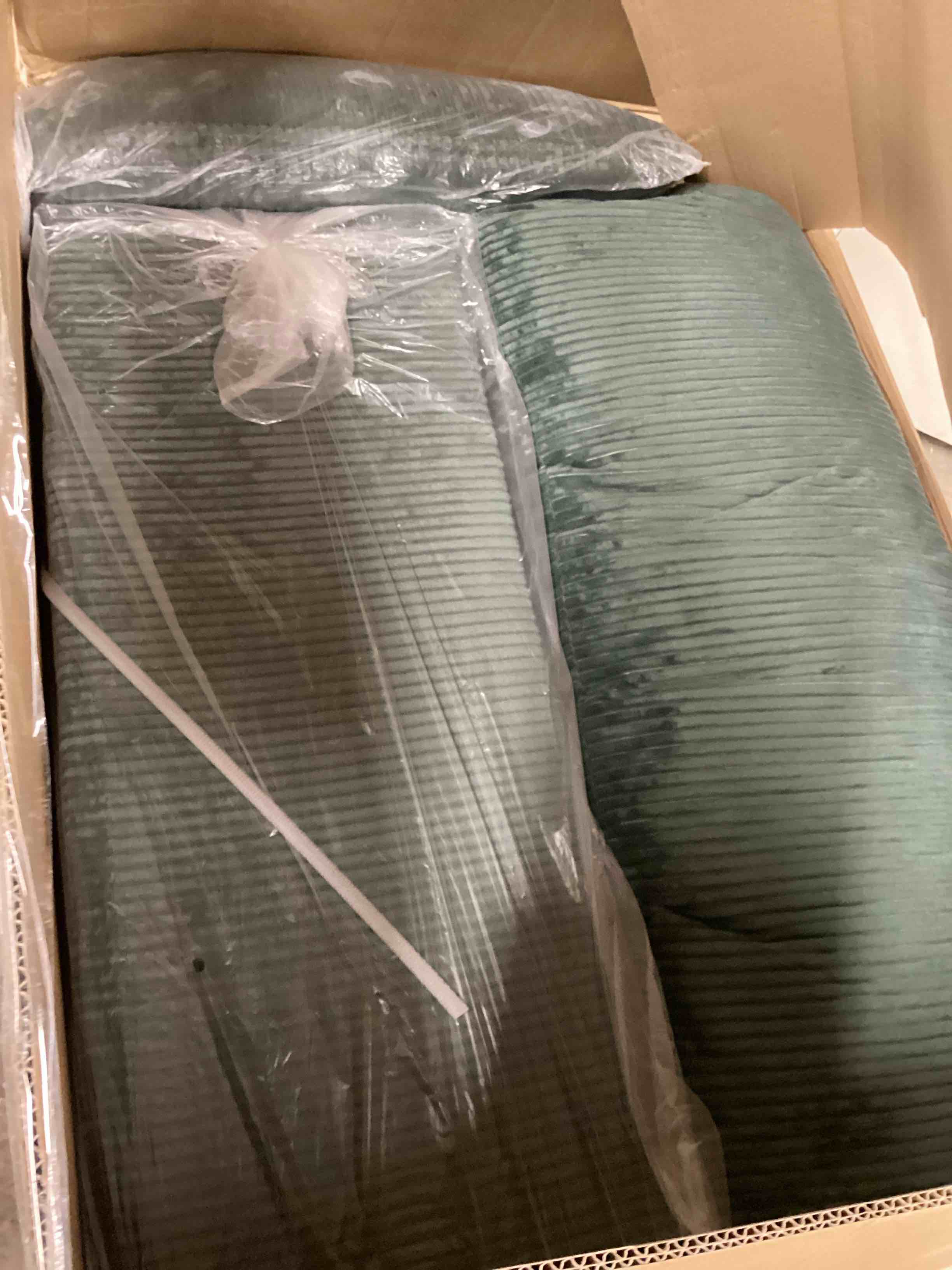 Condition photo showing Good Condition for uixe hunter green corduroy polyester upholstered sectional right arm facing chaise lounge with ottoman