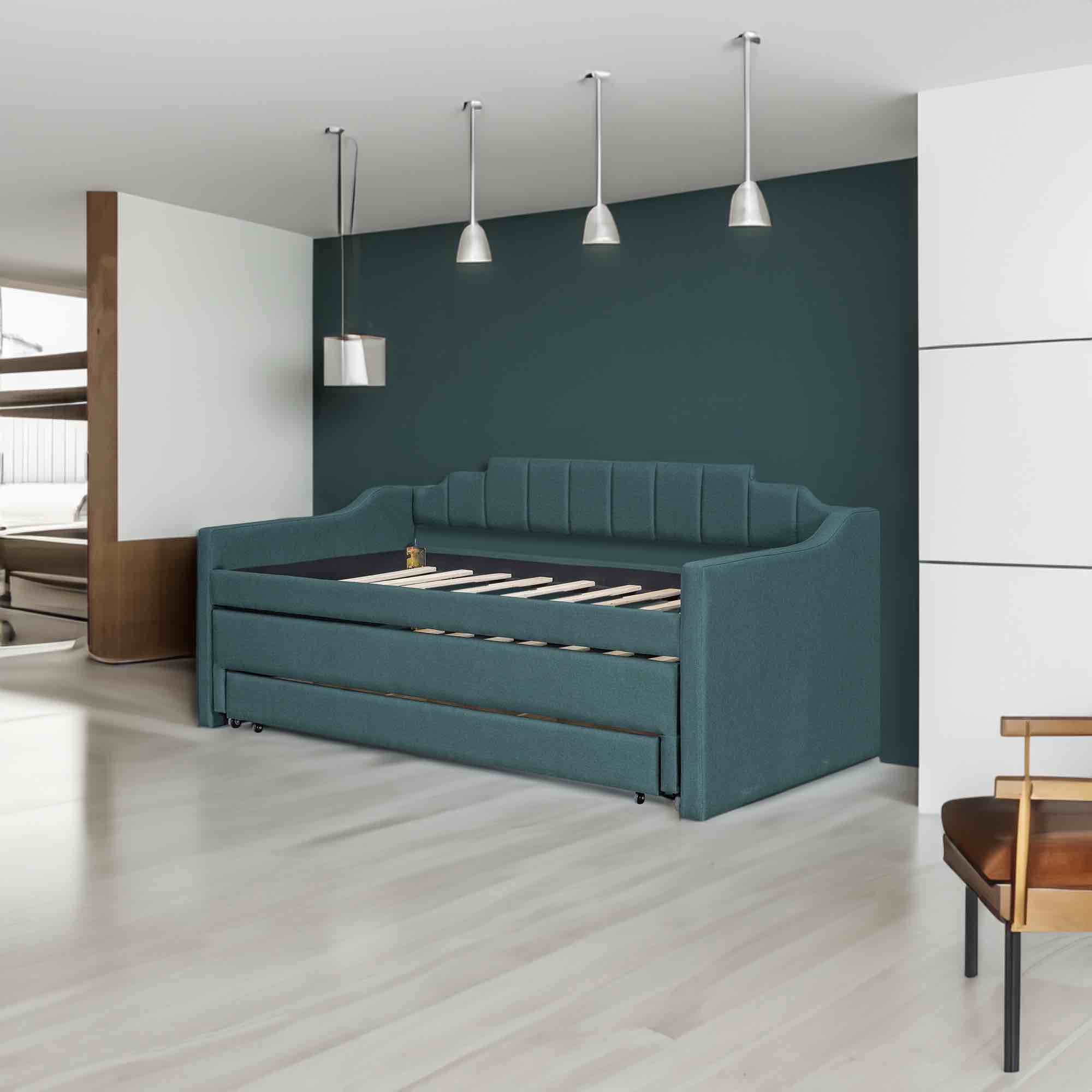 twin size upholstered daybed with trundle and three drawers,green (incomplete box 1 of 2) 