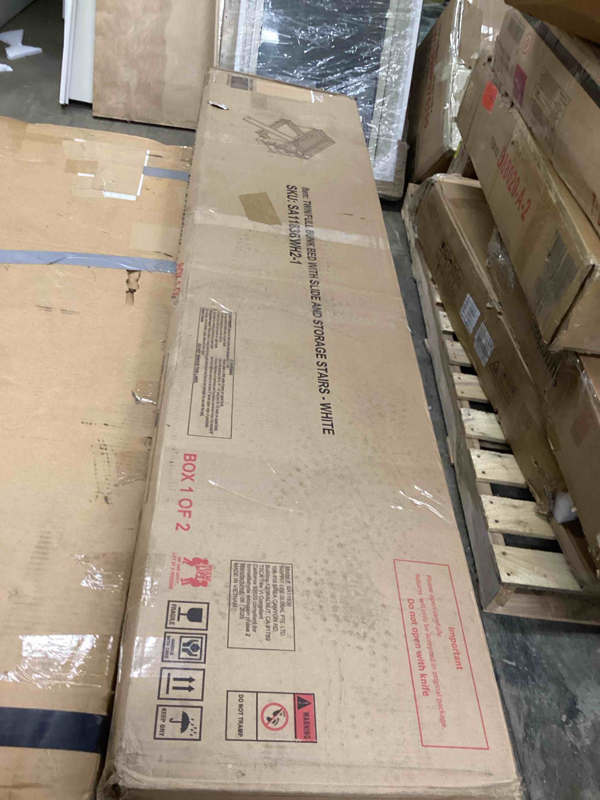 Condition photo showing As Is for keiki twin over full bunk bed with slide, storage staircase, pine solid wooden bunk bed with safety guardrails,white (incomplete box 1 of 2 only) 